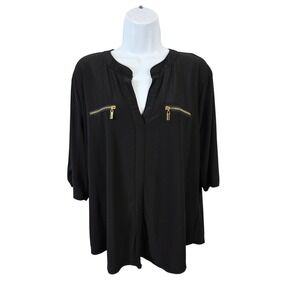 AUW Women Black 3/4 Roll Tab Sleeve Split Neck Zip Detail Blouse 2X / A191